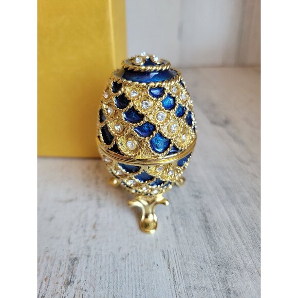Blue trinket box egg golden enameled hinged Easter home decor unique - Picture 3 of 13